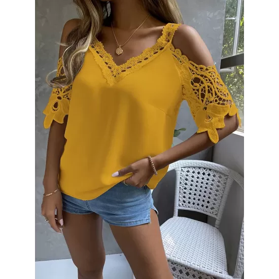 Lacy Solid Color Loose Short Sleeves Cold Shoulder T-Shirts Tops