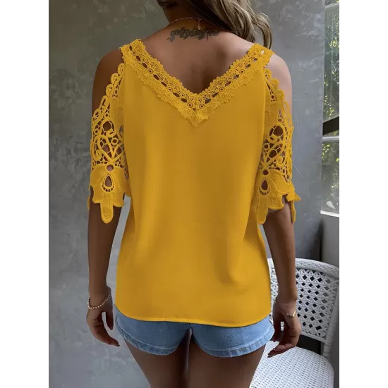 Lacy Solid Color Loose Short Sleeves Cold Shoulder T-Shirts Tops