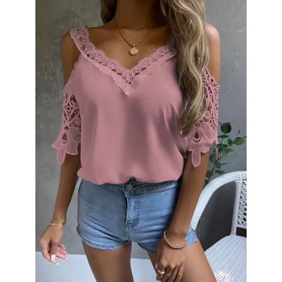 Lacy Solid Color Loose Short Sleeves Cold Shoulder T-Shirts Tops