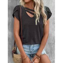 Solid Color Loose Short Sleeves V-neck T-Shirts Tops