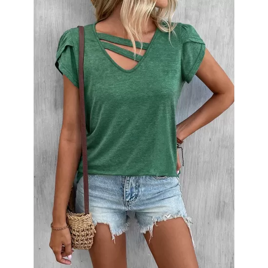 Solid Color Loose Short Sleeves V-neck T-Shirts Tops