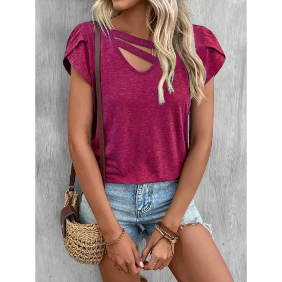 Solid Color Loose Short Sleeves V-neck T-Shirts Tops