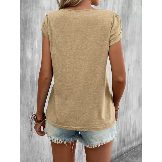 Solid Color Loose Short Sleeves V-neck T-Shirts Tops