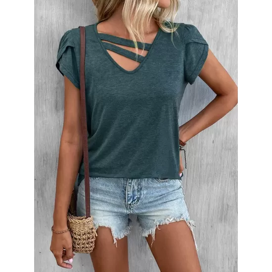 Solid Color Loose Short Sleeves V-neck T-Shirts Tops