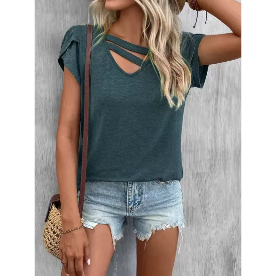 Solid Color Loose Short Sleeves V-neck T-Shirts Tops