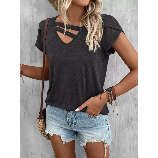 Solid Color Loose Short Sleeves V-neck T-Shirts Tops