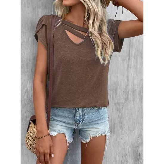 Solid Color Loose Short Sleeves V-neck T-Shirts Tops