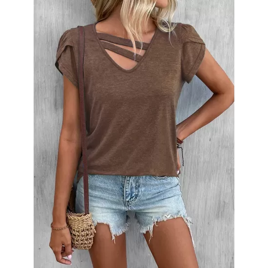 Solid Color Loose Short Sleeves V-neck T-Shirts Tops