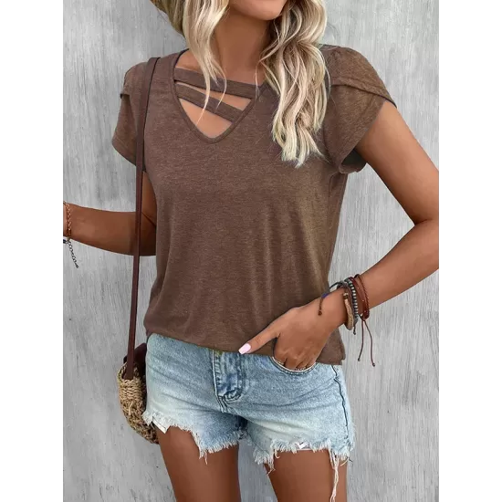 Solid Color Loose Short Sleeves V-neck T-Shirts Tops