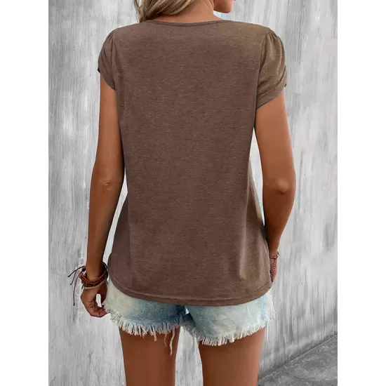 Solid Color Loose Short Sleeves V-neck T-Shirts Tops