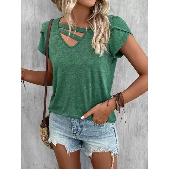 Solid Color Loose Short Sleeves V-neck T-Shirts Tops