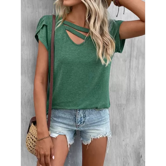 Solid Color Loose Short Sleeves V-neck T-Shirts Tops