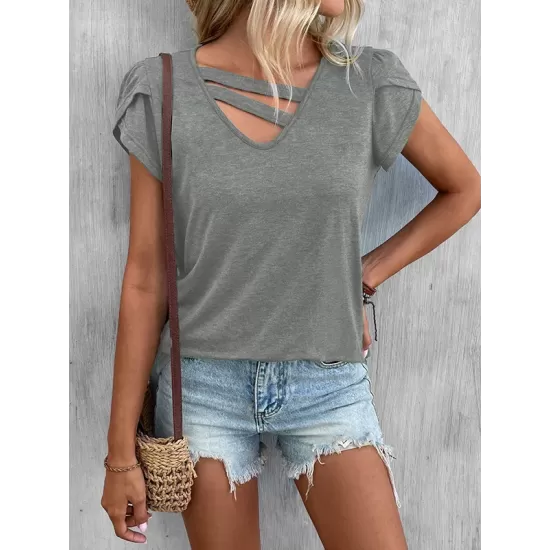 Solid Color Loose Short Sleeves V-neck T-Shirts Tops