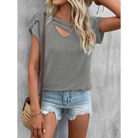 Solid Color Loose Short Sleeves V-neck T-Shirts Tops