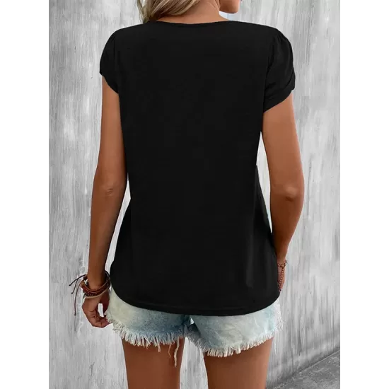 Solid Color Loose Short Sleeves V-neck T-Shirts Tops