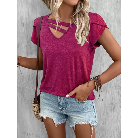 Solid Color Loose Short Sleeves V-neck T-Shirts Tops