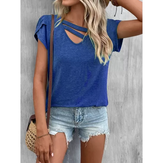 Solid Color Loose Short Sleeves V-neck T-Shirts Tops