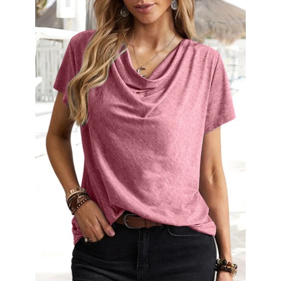 Solid Color Loose Short Sleeves U-Neck T-Shirts Tops