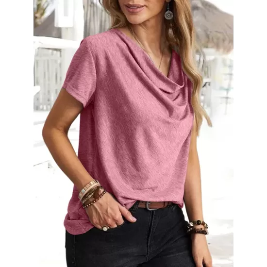 Solid Color Loose Short Sleeves U-Neck T-Shirts Tops