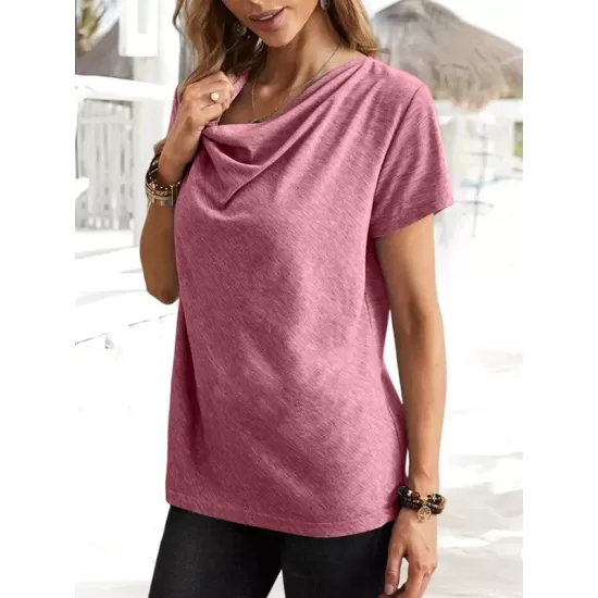 Solid Color Loose Short Sleeves U-Neck T-Shirts Tops