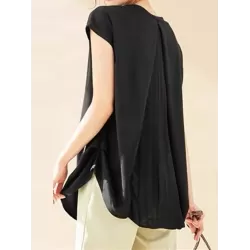 Back Pleated Solid Color Loose Short Sleeves Round-Neck T-Shirts Tops