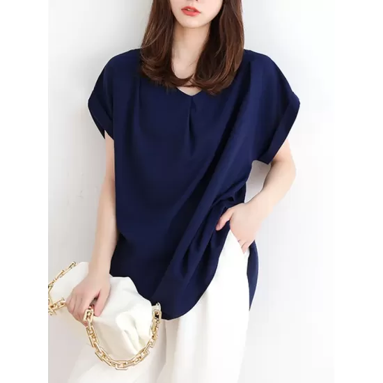 Back Pleated Solid Color Loose Short Sleeves Round-Neck T-Shirts Tops