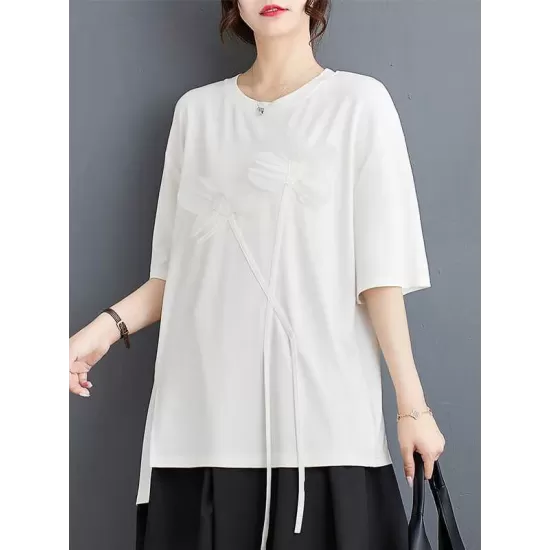 Contrast Color Half Sleeves Irregularity Round-Neck T-Shirts Tops