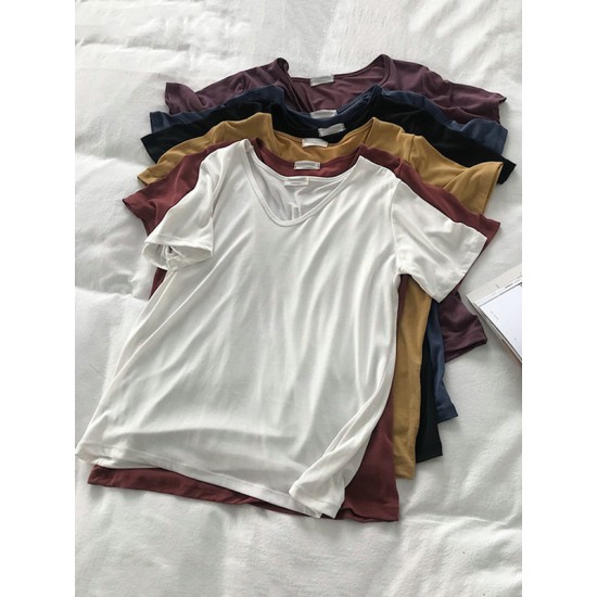 Solid Color Loose Short Sleeves U-Neck T-Shirts Tops