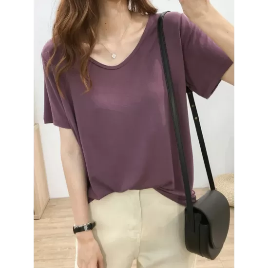 Solid Color Loose Short Sleeves U-Neck T-Shirts Tops