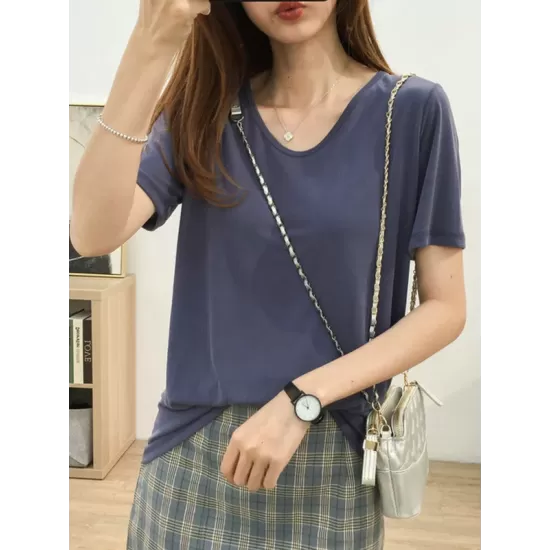 Solid Color Loose Short Sleeves U-Neck T-Shirts Tops