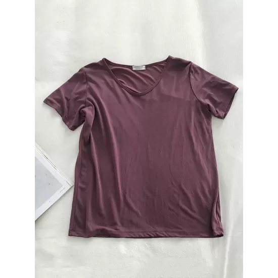 Solid Color Loose Short Sleeves U-Neck T-Shirts Tops