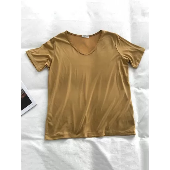 Solid Color Loose Short Sleeves U-Neck T-Shirts Tops