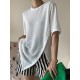 Asymmetric See-Through Solid Color Split-Front Half Sleeves Loose Round-Neck T-Shirts