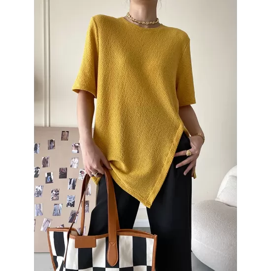 Asymmetric See-Through Solid Color Split-Front Half Sleeves Loose Round-Neck T-Shirts