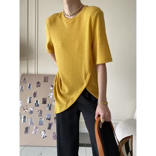 Asymmetric See-Through Solid Color Split-Front Half Sleeves Loose Round-Neck T-Shirts