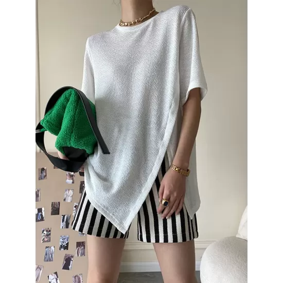 Asymmetric See-Through Solid Color Split-Front Half Sleeves Loose Round-Neck T-Shirts