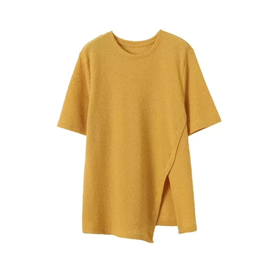 Asymmetric See-Through Solid Color Split-Front Half Sleeves Loose Round-Neck T-Shirts