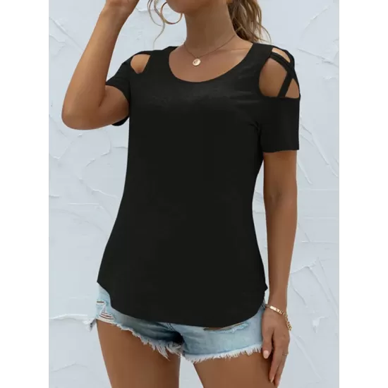 Hollow Solid Color Loose Short Sleeves Round-Neck T-Shirts Tops