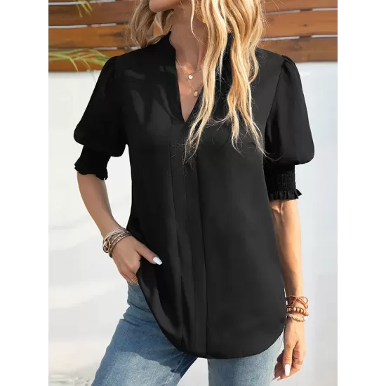 Solid Color Half Sleeves Loose V-Neck T-Shirts Tops