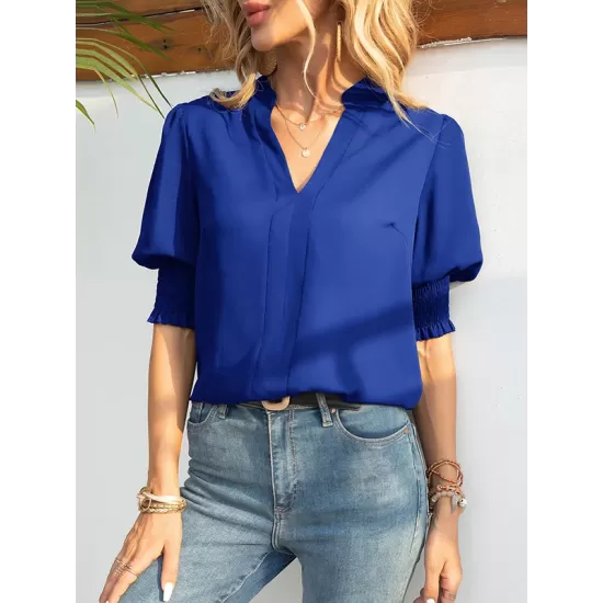 Solid Color Half Sleeves Loose V-Neck T-Shirts Tops