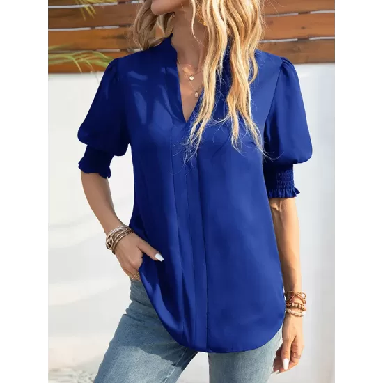 Solid Color Half Sleeves Loose V-Neck T-Shirts Tops