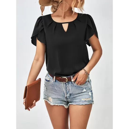 Hollow Solid Color Loose Short Sleeves Round-Neck T-Shirts Tops