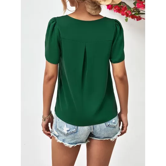 Hollow Solid Color Loose Short Sleeves Round-Neck T-Shirts Tops