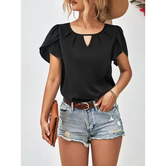 Hollow Solid Color Loose Short Sleeves Round-Neck T-Shirts Tops