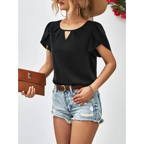 Hollow Solid Color Loose Short Sleeves Round-Neck T-Shirts Tops