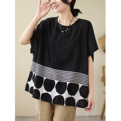 Polka Dot Split-Joint Striped Loose Short Sleeves Round-Neck T-Shirts Tops