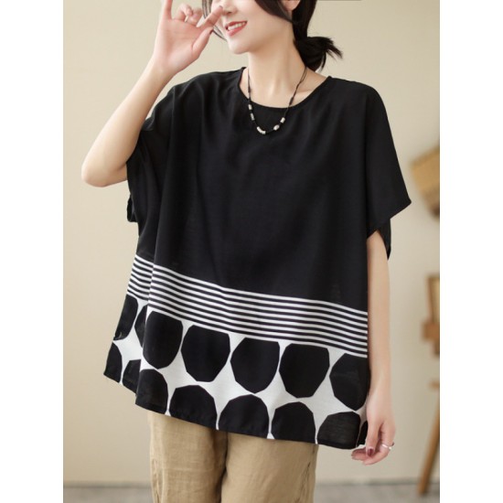 Polka Dot Split-Joint Striped Loose Short Sleeves Round-Neck T-Shirts Tops