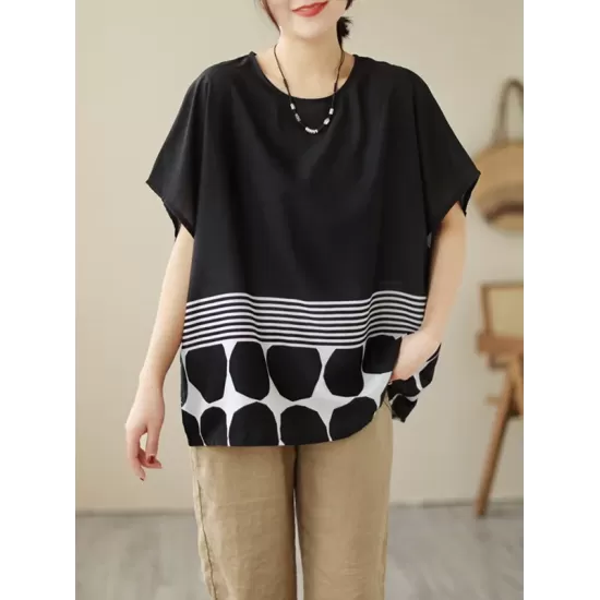 Polka Dot Split-Joint Striped Loose Short Sleeves Round-Neck T-Shirts Tops