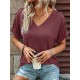 Buttoned Solid Color Loose Short Sleeves V-neck T-Shirts Tops