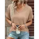 Buttoned Solid Color Loose Short Sleeves V-neck T-Shirts Tops